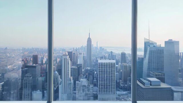 Interior view of an empty room in a skyscraper, showcasing the cityscape during the day. The skyline view from a high-rise window offers a gorgeous property with a stunning view.