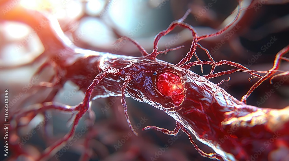 Poster close-up of neuron structure with vibrant red colors on dark background.
