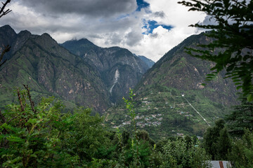 Beautiful view of mountains of Parvati valley from Jari village in Himachal Pradesh, India