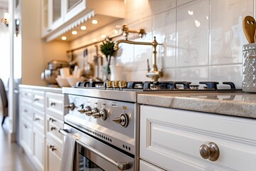Stainless steel range in a white kitchen.