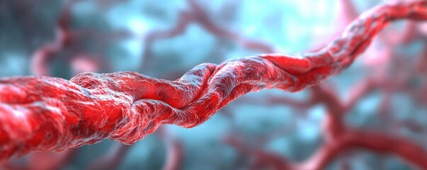 Red cellular structure with soft focus background, artistic medical illustration.