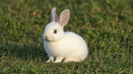 Fototapeta premium Small white rabbit sitting in a grassy field with its ears perked up and nose twitching