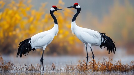 Obraz premium Thai cranes stand in a wet grassland, amidst a quiet atmosphere, showing elegance and pride.