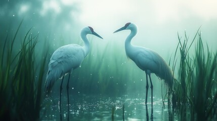 Fototapeta premium Thai cranes stand in a wet grassland, amidst a quiet atmosphere, showing elegance and pride.