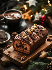 Traditional Romanian cozonac loaf with swirls of chocolate and nuts, served on a rustic wooden board