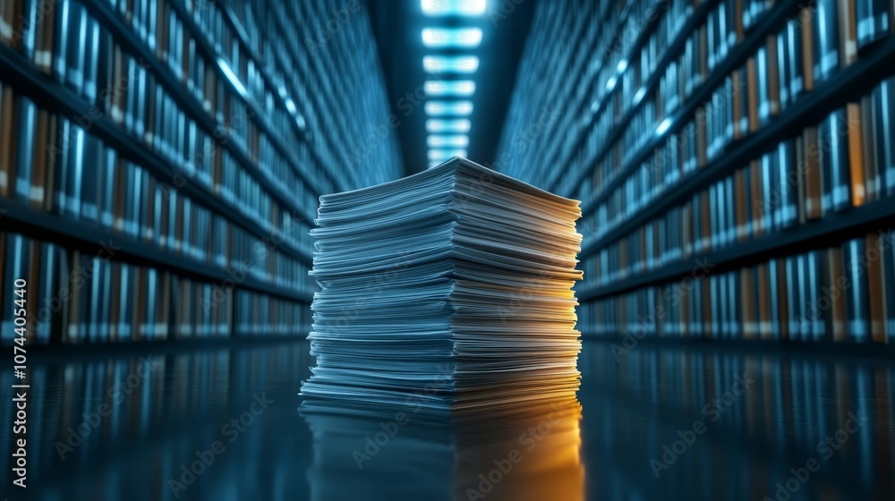 Poster efficient data management, stacked papers in server room showcase organized recordkeeping