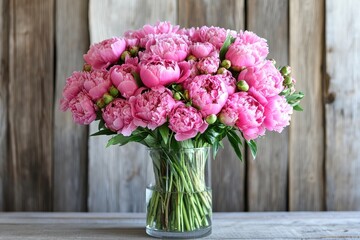 Pink peonies in a vase against wood. Perfect for showcasing beauty, love, or spring themes.