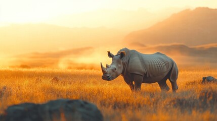 Obraz premium White rhinoceros, in the vast grassland, is walking quietly, the soft sunlight shows the texture of the rocks and the skin of the rhinoceros
