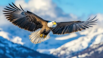 Obraz premium White-headed eagle, flying in the sky, amidst the mountains and clouds of the blue sky, the details of the wings are clearly visible