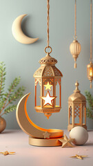 Obraz premium Ramadan with moon and star lantern decoration, abstract luxury islamic background 3d rendering illustration