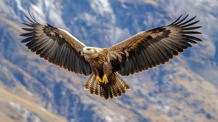 Obraz premium White-headed eagle, flying in the sky, amidst the mountains and clouds of the blue sky, the details of the wings are clearly visible