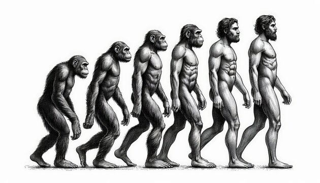evolution of man from ape through various stages to modern human sketch engraving character vector illustration. Black and white image.
