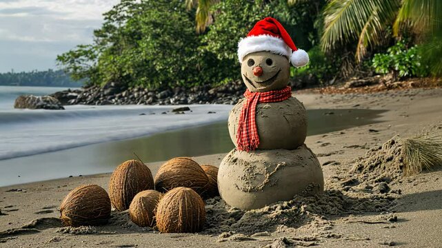 Creative a sandman instead of a snowman wearing a Santa hat and scarf on the beach, surrounded by tropical Christmas decorations like coconuts	