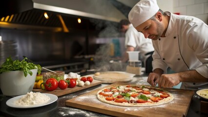 Chef preparing a pizza in a kitchen setting.