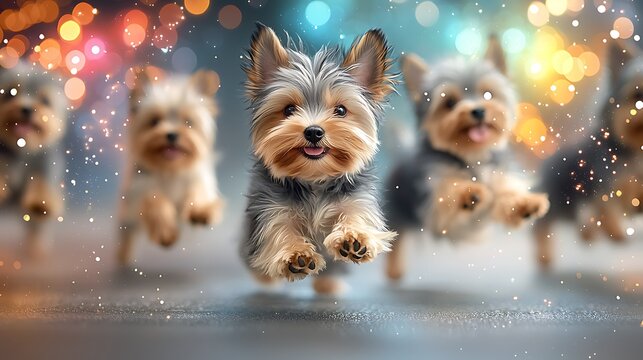 Illustration showcasing a group of vibrant Yorkshire Terrier dogs playfully dancing under a mesmerizing display of colorful lights, created through AI generative technology.