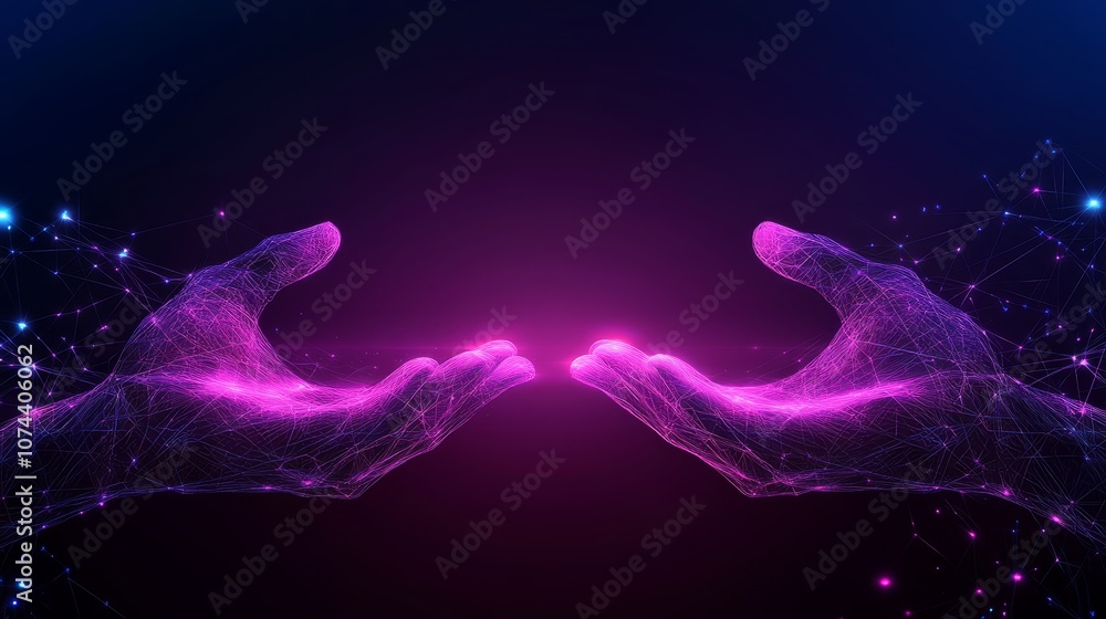 Poster two hands connecting, a symbol of unity, bridging gaps through touch and digital networks