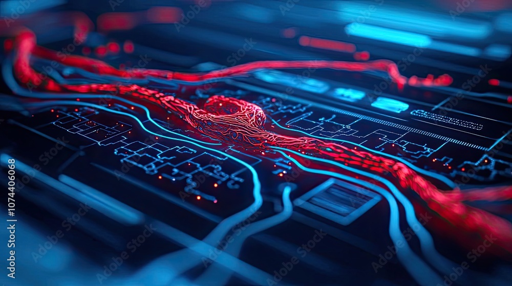 Poster abstract circuit board background with red and blue glowing lines and detailed patterns.