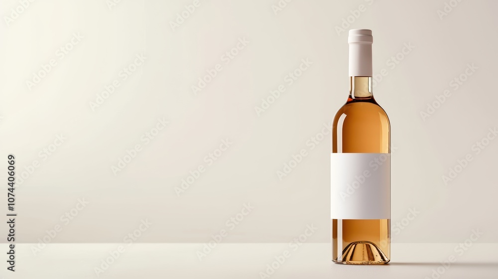 Poster elegant bottle of light-colored beverage with a blank label displayed on a minimalist background, id