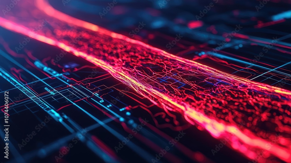Poster abstract digital wave with neon light patterns on a dark background.