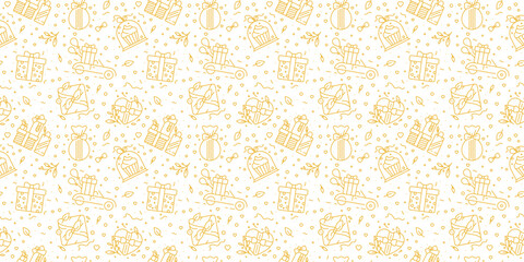 Christmas presents seamless pattern - Chinese New Year gifts gold background - Vector linear style - Japanese wrapping, gifts, knot, ribbon, X-mas, Holidays, floral elements - Birthday decor