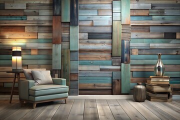 The room features a rustic and modern design with horizontal wooden planks in various shades of blue, brown, and beige on the wall. 