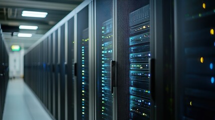 Server Room Interior with Rows of Black Cabinets