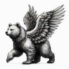 Obraz premium Winged bear sketch engraving fictional raster illustration. Black and white image.