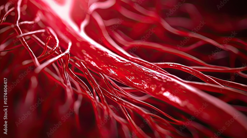 Poster close-up view of red blood vessels showing intricate structures and textures.