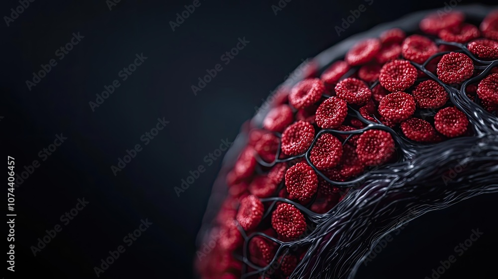 Poster detailed close-up of red structure on dark background, showcasing intricate textures.