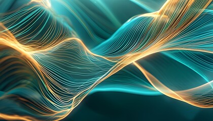 Fototapeta premium Abstract swirling turquoise-gold lines in vibrant colors create a dynamic visual 3D effect.