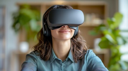 A forward thinking businesswoman immerses herself in the metaverse, navigating virtual reality spaces to conduct meetings, collaborate on projects