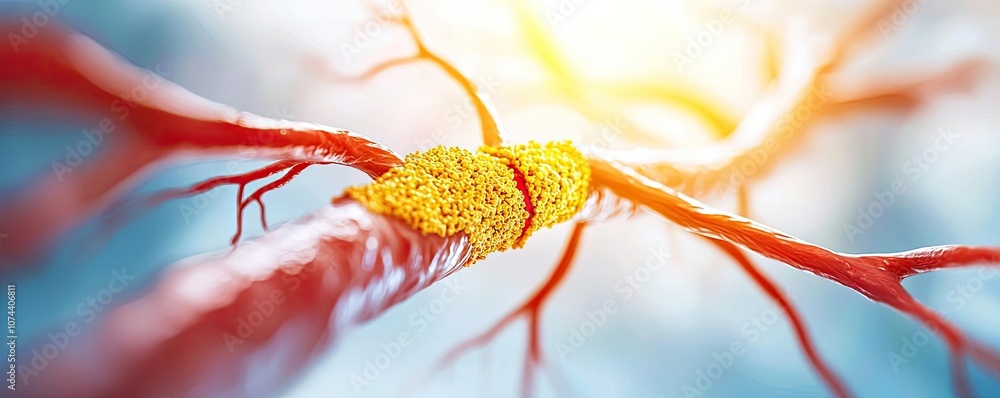 Poster close-up view of neurons with synapse, bright background, and intricate details.