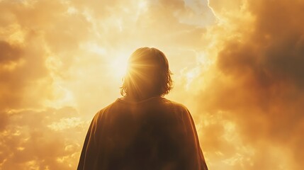 A person with long hair stands with their back to the camera, looking up at a bright light in the sky.
