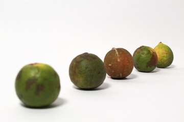 Green lime fruits on isolated white background. Sliced and unsliced.
