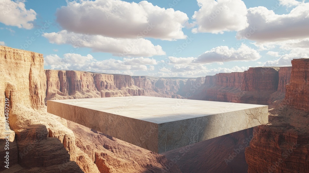 Poster 3d rendering of a geometric platform suspended in a vast canyon, simple forms adding modern style to