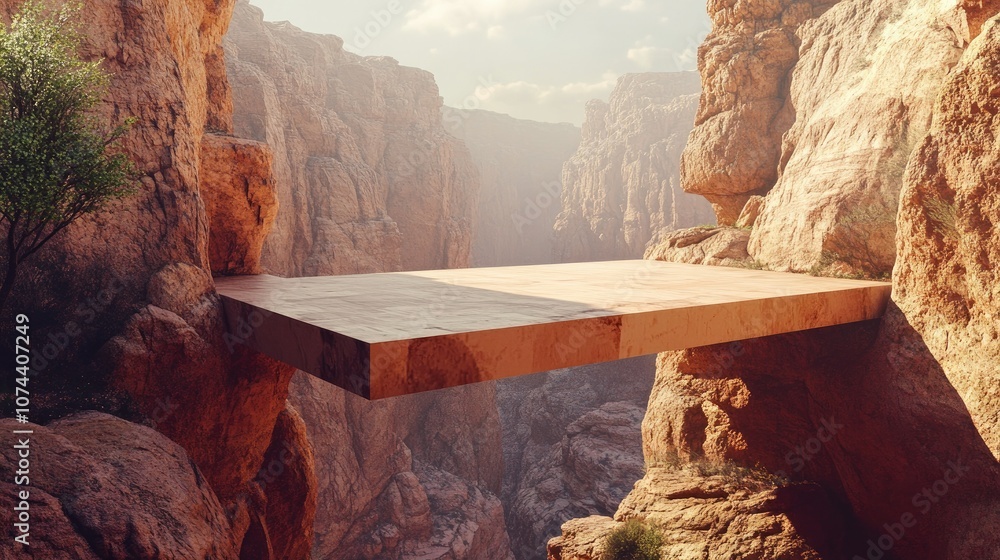 Poster 3d rendering of a geometric platform suspended in a vast canyon, simple forms adding modern style to