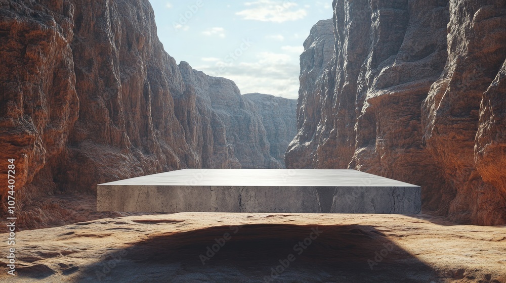 Poster 3d rendering of a geometric platform suspended in a vast canyon, simple forms adding modern style to