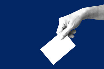 Composite trend artwork hand holding white business card mockup on blue background. Art collage...