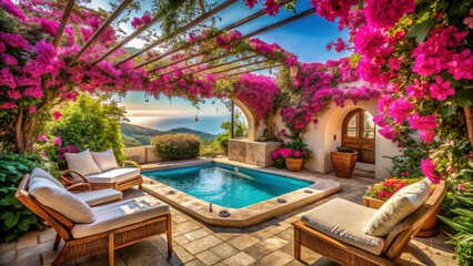 Obraz premium Relaxing Outdoor Mediterranean Spa Retreat with a Hot Tub Surrounded by Bougainvillea and Lounge Chairs, Perfect for a Sunny Day of Rest and Rejuvenation in Nature's Embrace