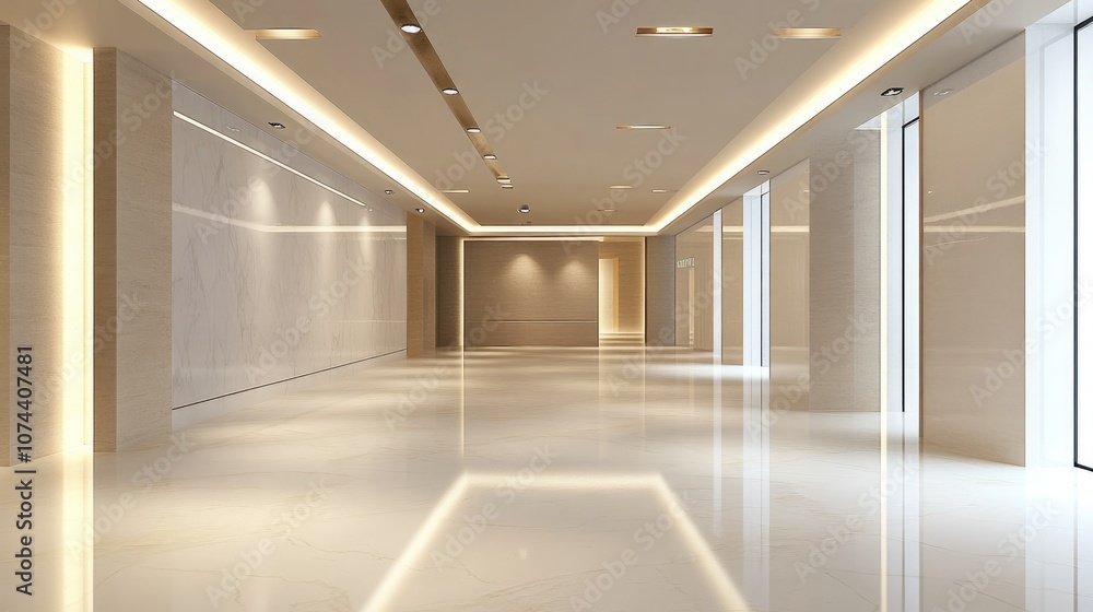 Poster 3d-rendered exhibition space, featuring clean walls and soft light, creating a minimalist backdrop f