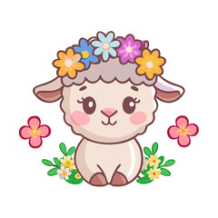 Fototapeta premium Cute Lamb with Floral Crown and Pink Flowers