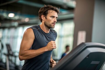 Obraz premium Man running on a treadmill in a gym.