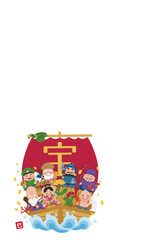 Nengajo 2025 - Illustration of a treasure ship and seven gods of good fortune - Year of the Snake.