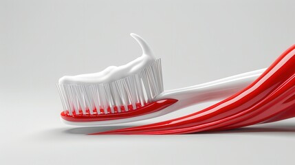 White plastic toothbrush with flowing red silk fabric creating dynamic curves and movement against light gray background