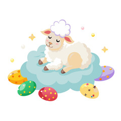 Sleeping lamb on cloud with colorful Easter eggs and stars for holiday

