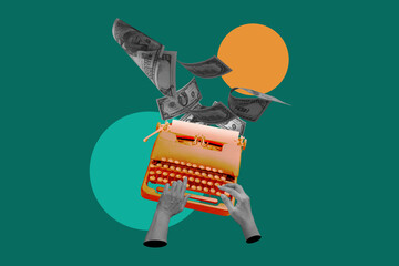 Composite collage picture of dollar hand typewriter on green background. Art collage digital pop modern art