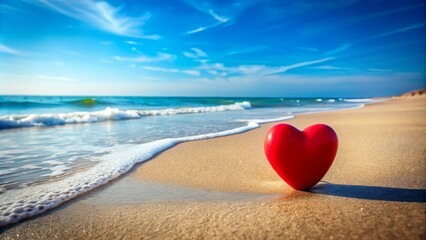Fototapeta premium Romantic Red Heart on Sandy Beach for Valentine's Day - Love Concept with Copy Space for Text, Perfect for Celebrating Love and Connection in Beautiful Natural Settings