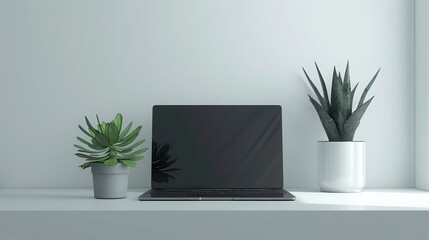 Fototapeta premium Modern black laptop display with green succulent plants in white ceramic pots on bright windowsill