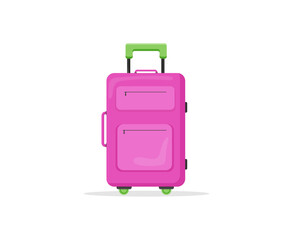 Pink suitcase baggage for travel. Luggage bag for vacation journey. Vector illustration