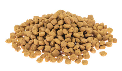 dry pet food isolated on white background. close up. top view. blank for designers